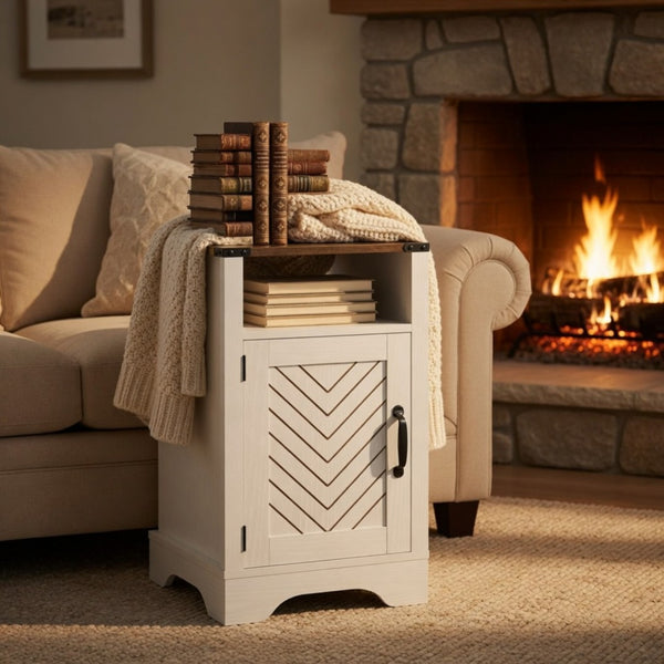 English Elm 16 Inch Farmhouse Nightstand with Built-In USB Charging Distressed Cabinet Storage White + Light Oak B082P517271