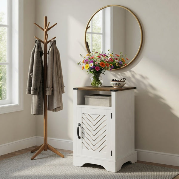 English Elm 16 Inch Farmhouse Nightstand with Built-In USB Charging Distressed Cabinet Storage White + Light Oak B082P517271