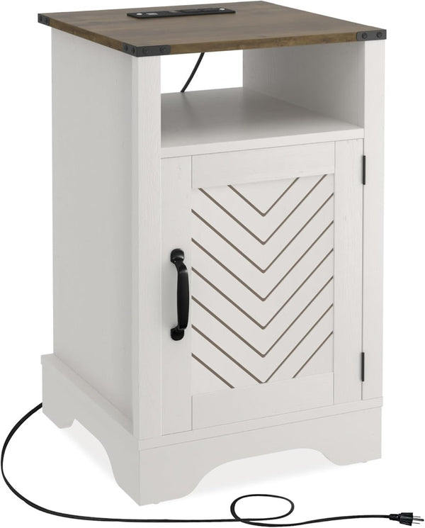 English Elm 16 Inch Farmhouse Nightstand with Built-In USB Charging Distressed Cabinet Storage White + Light Oak B082P517271