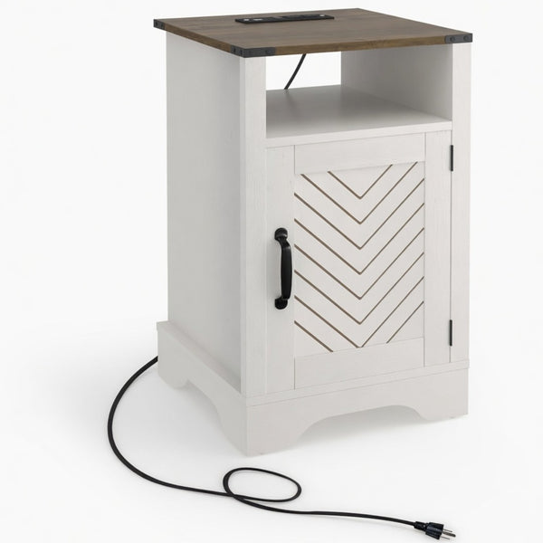 English Elm 16 Inch Farmhouse Nightstand with Built-In USB Charging Distressed Cabinet Storage White + Light Oak B082P517271