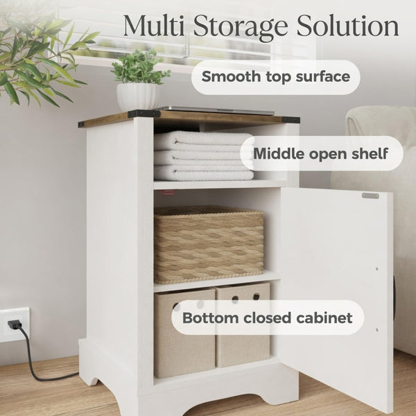 English Elm 16 Inch Farmhouse Nightstand with Built-In USB Charging Distressed Cabinet Storage White + Light Oak B082P517271