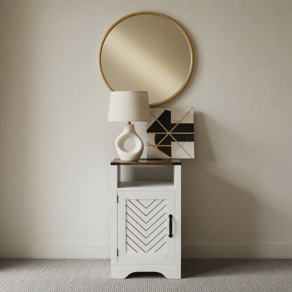 English Elm 16 Inch Farmhouse Nightstand with Built-In USB Charging Distressed Cabinet Storage White + Light Oak B082P517271