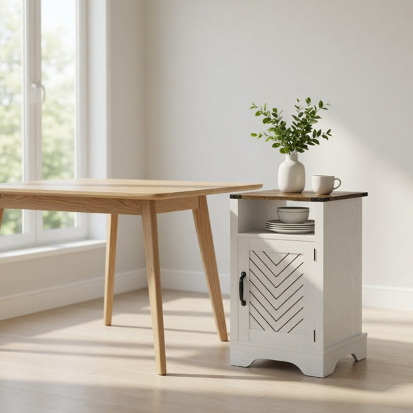 English Elm 16 Inch Farmhouse Nightstand with Built-In USB Charging Distressed Cabinet Storage White + Light Oak B082P517271