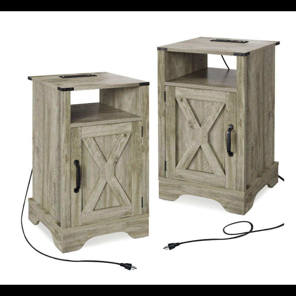 English Elm Set of 2 Farmhouse Nightstands with Built-in Usb Charging Station and Cabinet Storage Light Grey B082P517277