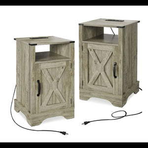 English Elm Set of 2 Farmhouse Nightstands with Built-in Usb Charging Station and Cabinet Storage Light Grey B082P517277
