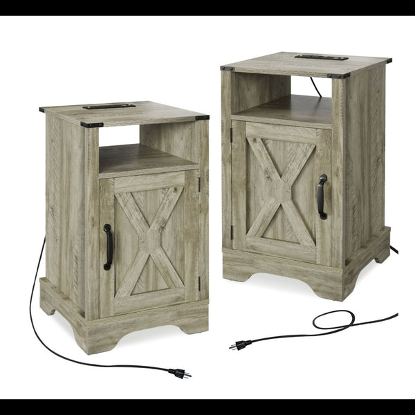 English Elm Set of 2 Farmhouse Nightstands with Built-in Usb Charging Station and Cabinet Storage Light Grey B082P517277