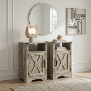 English Elm Set of 2 Farmhouse Nightstands with Built-in Usb Charging Station and Cabinet Storage Light Grey B082P517277