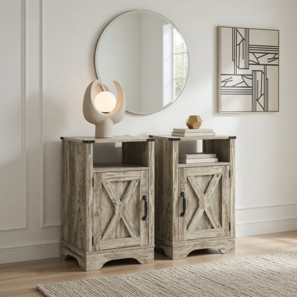 English Elm Set of 2 Farmhouse Nightstands with Built-in Usb Charging Station and Cabinet Storage Light Grey B082P517277