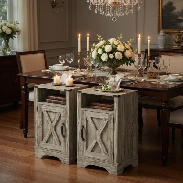 English Elm Set of 2 Farmhouse Nightstands with Built-in Usb Charging Station and Cabinet Storage Light Grey B082P517277