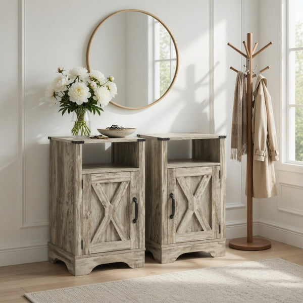 English Elm Set of 2 Farmhouse Nightstands with Built-in Usb Charging Station and Cabinet Storage Light Grey B082P517277