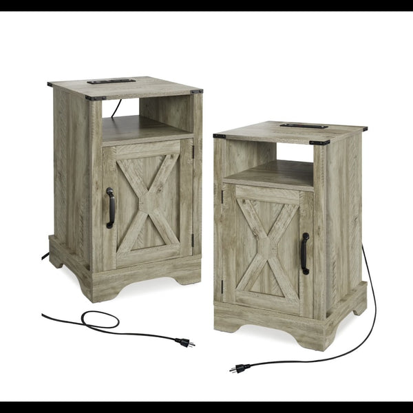 English Elm Set of 2 Farmhouse Nightstands with Built-in Usb Charging Station and Cabinet Storage Light Grey B082P517277
