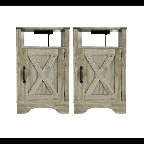 English Elm Set of 2 Farmhouse Nightstands with Built-in Usb Charging Station and Cabinet Storage Light Grey B082P517277