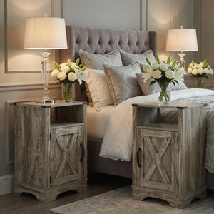 English Elm Set of 2 Farmhouse Nightstands with Built-in Usb Charging Station and Cabinet Storage Light Grey B082P517277