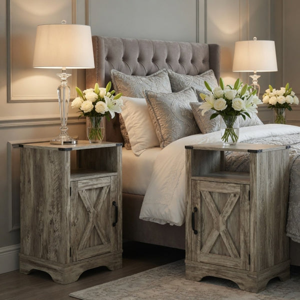English Elm Set of 2 Farmhouse Nightstands with Built-in Usb Charging Station and Cabinet Storage Light Grey B082P517277