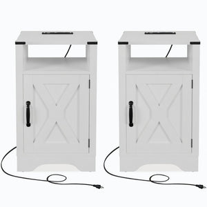 English Elm Set of 2 Farmhouse Nightstands with Built-in Usb Charging Station and Cabinet Storage White B082P517278