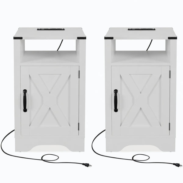 English Elm Set of 2 Farmhouse Nightstands with Built-in Usb Charging Station and Cabinet Storage White B082P517278