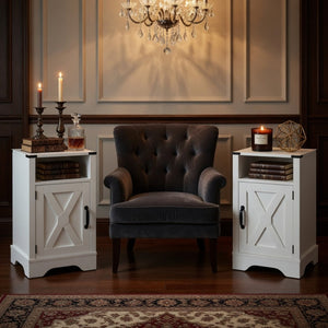 English Elm Set of 2 Farmhouse Nightstands with Built-in Usb Charging Station and Cabinet Storage White B082P517278