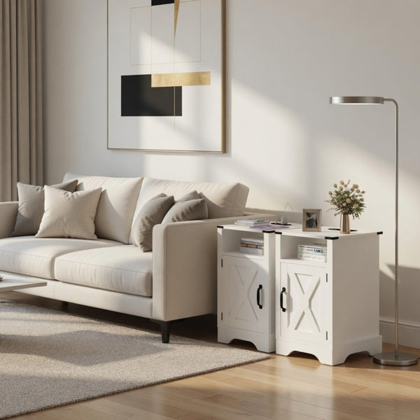 English Elm Set of 2 Farmhouse Nightstands with Built-in Usb Charging Station and Cabinet Storage White B082P517278