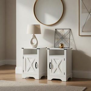 English Elm Set of 2 Farmhouse Nightstands with Built-in Usb Charging Station and Cabinet Storage White B082P517278