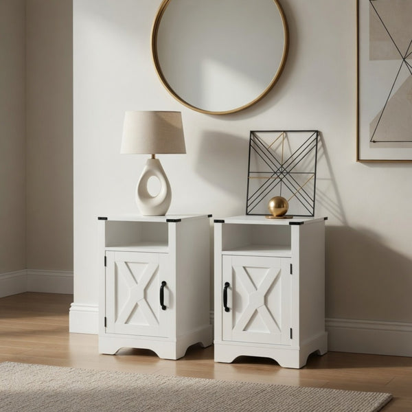 English Elm Set of 2 Farmhouse Nightstands with Built-in Usb Charging Station and Cabinet Storage White B082P517278