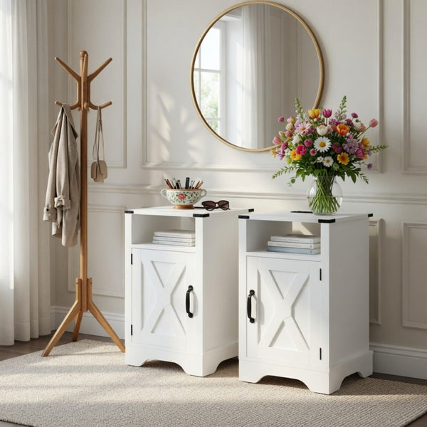 English Elm Set of 2 Farmhouse Nightstands with Built-in Usb Charging Station and Cabinet Storage White B082P517278