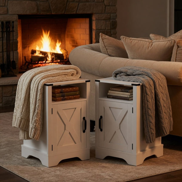English Elm Set of 2 Farmhouse Nightstands with Built-in Usb Charging Station and Cabinet Storage White B082P517278
