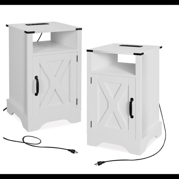 English Elm Set of 2 Farmhouse Nightstands with Built-in Usb Charging Station and Cabinet Storage White B082P517278