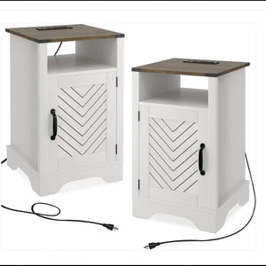 English Elm Set of 2 Farmhouse Nightstands with Built-in Usb Charging Station and Cabinet Storage White + Light Oak B082P517279
