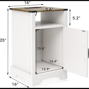 English Elm Set of 2 Farmhouse Nightstands with Built-in Usb Charging Station and Cabinet Storage White + Light Oak B082P517279