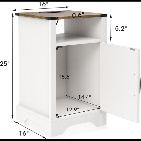 English Elm Set of 2 Farmhouse Nightstands with Built-in Usb Charging Station and Cabinet Storage White + Light Oak B082P517279