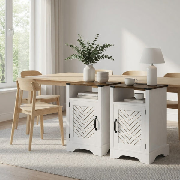 English Elm Set of 2 Farmhouse Nightstands with Built-in Usb Charging Station and Cabinet Storage White + Light Oak B082P517279