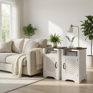 English Elm Set of 2 Farmhouse Nightstands with Built-in Usb Charging Station and Cabinet Storage White + Light Oak B082P517279