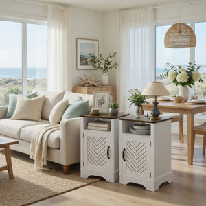 English Elm Set of 2 Farmhouse Nightstands with Built-in Usb Charging Station and Cabinet Storage White + Light Oak B082P517279
