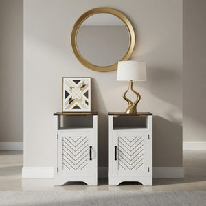 English Elm Set of 2 Farmhouse Nightstands with Built-in Usb Charging Station and Cabinet Storage White + Light Oak B082P517279