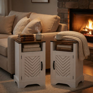 English Elm Set of 2 Farmhouse Nightstands with Built-in Usb Charging Station and Cabinet Storage White + Light Oak B082P517279