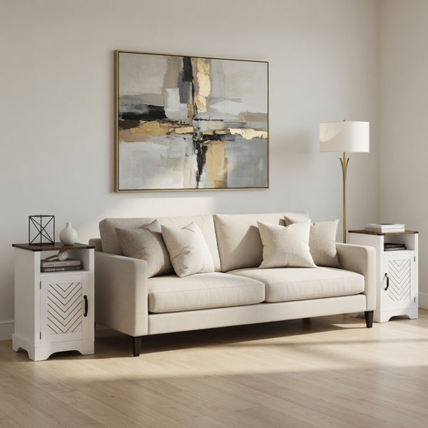 English Elm Set of 2 Farmhouse Nightstands with Built-in Usb Charging Station and Cabinet Storage White + Light Oak B082P517279