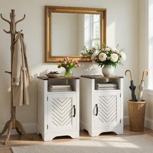 English Elm Set of 2 Farmhouse Nightstands with Built-in Usb Charging Station and Cabinet Storage White + Light Oak B082P517279