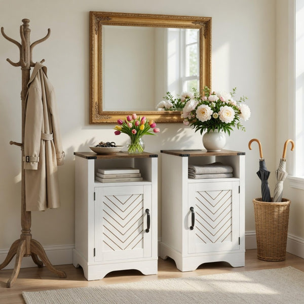 English Elm Set of 2 Farmhouse Nightstands with Built-in Usb Charging Station and Cabinet Storage White + Light Oak B082P517279