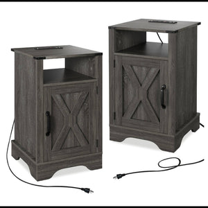 English Elm Set of 2 Farmhouse Nightstands with Usb Charging Station Open Shelf X-door Accent Dark Grey B082P517280