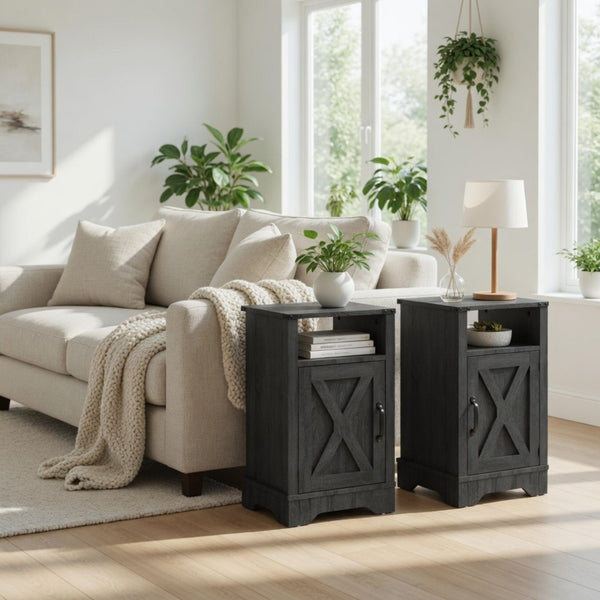 English Elm Set of 2 Farmhouse Nightstands with Usb Charging Station Open Shelf X-door Accent Dark Grey B082P517280