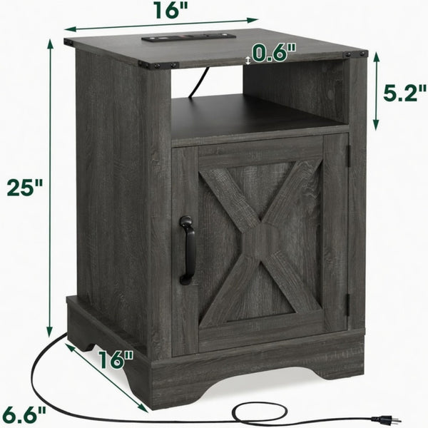 English Elm Set of 2 Farmhouse Nightstands with Usb Charging Station Open Shelf X-door Accent Dark Grey B082P517280
