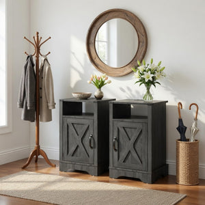 English Elm Set of 2 Farmhouse Nightstands with Usb Charging Station Open Shelf X-door Accent Dark Grey B082P517280