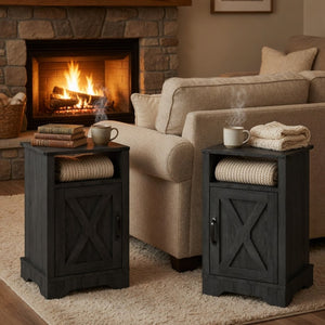 English Elm Set of 2 Farmhouse Nightstands with Usb Charging Station Open Shelf X-door Accent Dark Grey B082P517280