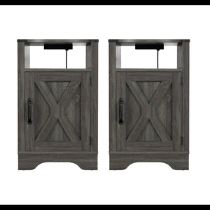 English Elm Set of 2 Farmhouse Nightstands with Usb Charging Station Open Shelf X-door Accent Dark Grey B082P517280