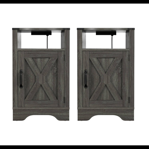 English Elm Set of 2 Farmhouse Nightstands with Usb Charging Station Open Shelf X-door Accent Dark Grey B082P517280