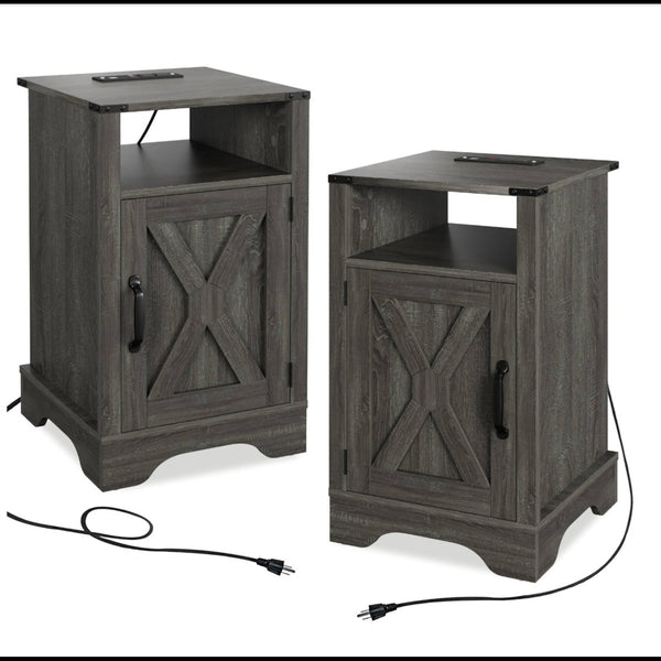 English Elm Set of 2 Farmhouse Nightstands with Usb Charging Station Open Shelf X-door Accent Dark Grey B082P517280