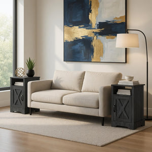 English Elm Set of 2 Farmhouse Nightstands with Usb Charging Station Open Shelf X-door Accent Dark Grey B082P517280