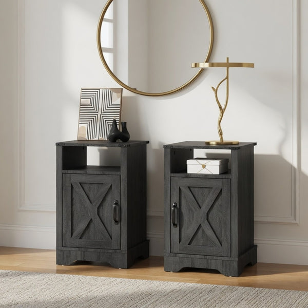 English Elm Set of 2 Farmhouse Nightstands with Usb Charging Station Open Shelf X-door Accent Dark Grey B082P517280