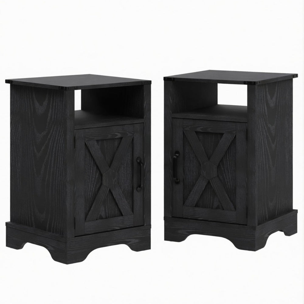 English Elm Set of 2 Farmhouse Nightstands with Usb Charging Station Open Shelf X-door Accent Black B082P517281