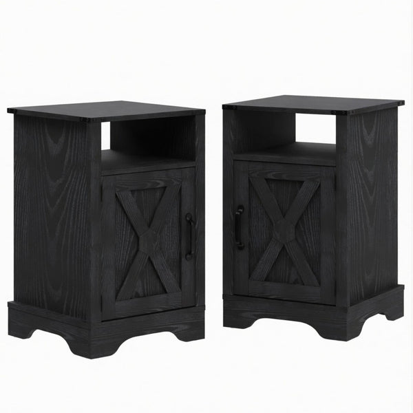 English Elm Set of 2 Farmhouse Nightstands with Usb Charging Station Open Shelf X-door Accent Black B082P517281